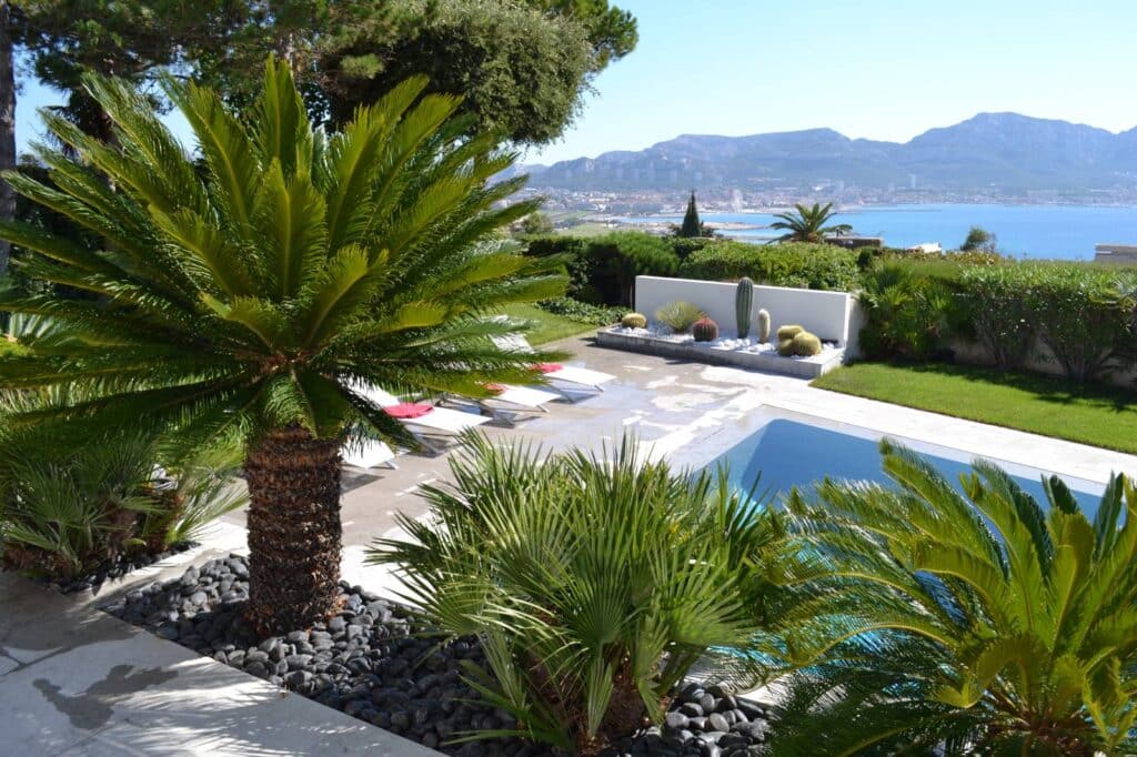 Jardin paysager avec palmier, piscine et vue sur la mer