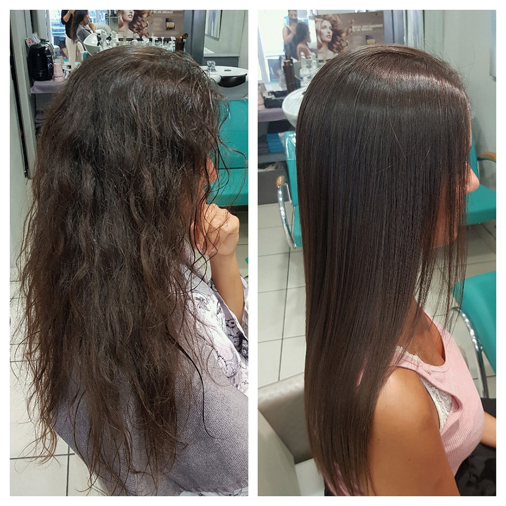 Transformation capillaire avant et après, cheveux frisés et en désordre à lisse et brillant, côté d'une jeune femme.