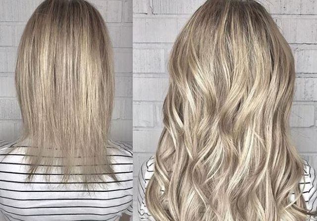 Changement de coiffure avec cheveux longs ondulés et brillants à gauche, cheveux raides et courts à droite.